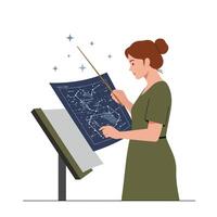 Woman pointing at star chart with wand in minimal illustration vector