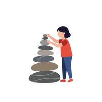 Young person stacking smooth stones in a minimalistic style illustration vector