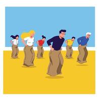 Group of people participating in a sack race in minimal art vector