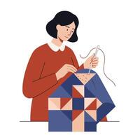 Woman sewing colorful quilt patterns in flat art style with minimalist design elements illustration vector