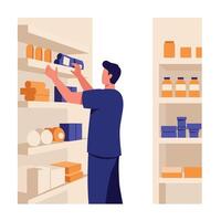 Man organizing products on shelves in a clean flat illustration vector