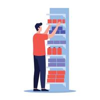 Man organizing shelves in a store with flat design art vector