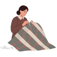 Woman sewing a quilt in flat style with geometric patterns in art vector