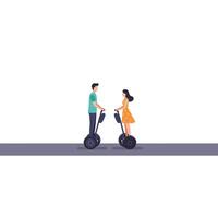Two people riding scooters in a flat and colorful illustration vector