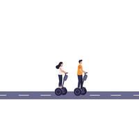 Two people riding scooters on a road in minimal flat illustration vector