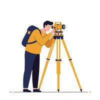Person using a surveying instrument in flat art style for construction projects vector