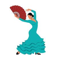 Elegant flamenco dancer in vibrant turquoise dress performing with fan in flat art vector