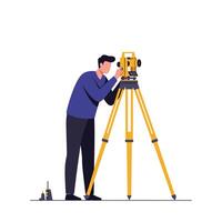 Surveyor using level instrument with flat design in bright colors art vector