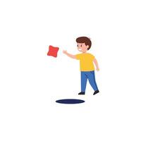 Young boy playing with a red shape in a flat art style vector