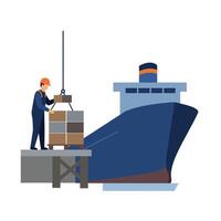 Cargo loading process with a worker using a crane in flat art vector