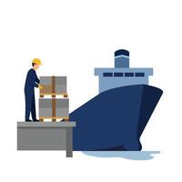 Worker loading cargo onto a large ship in flat art vector