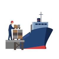 Worker loading cargo onto a large ship in flat art style illustration vector