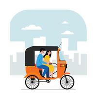 Rickshaw ride through cityscape in flat art style with cheerful characters vector