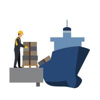 Worker loading boxes onto a ship in a flat design illustration vector