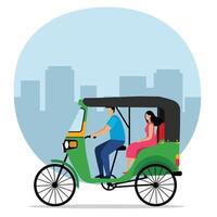 Green rickshaw with passengers in flat design style art vector