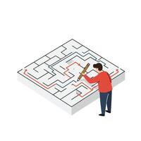 Person solving a maze with a pencil in flat art style vector