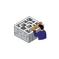 Person designing a maze layout with pencil in flat art style illustration vector