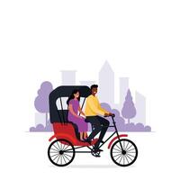 Couple riding a rickshaw in a cityscape, flat design art vector