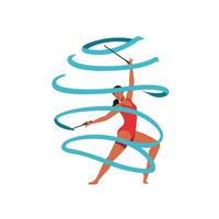 Dynamic rhythmic gymnast performing with ribbons in flat art illustration vector