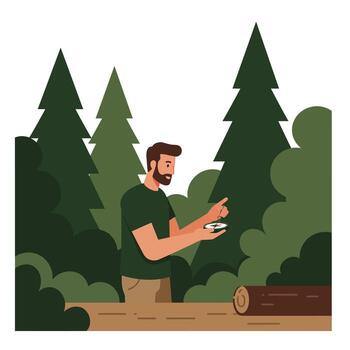 hombre explorador naturaleza en un bosque con mínimo diseño estilo ilustración vector