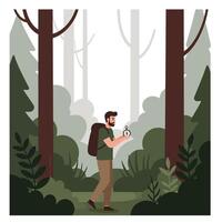 Hiker navigating through forest with map in flat art style vector