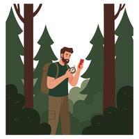 Man using compass and phone in forest flat illustration vector