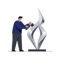 Sculptor refining abstract metal sculpture in minimal flat art vector