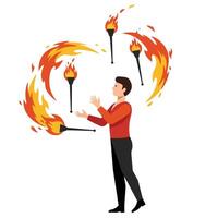 Juggler performing with flaming torches in a flat art style illustration vector