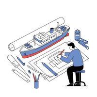 Designer creating ship blueprint in detailed flat illustration style with tools and materials vector