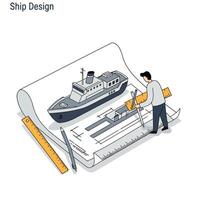 Ship design process illustrated in minimal flat art style showcasing drafting and measurement techniques vector