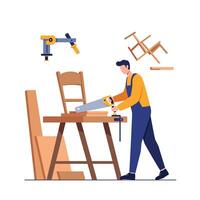 Carpenter using saw to cut wood elements in flat art vector