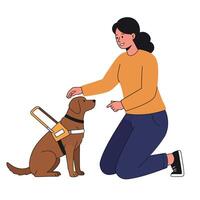 Person interacting with service dog in flat, minimal design illustration vector