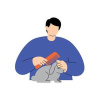 Person grooming a rabbit with a comb in a flat art style vector