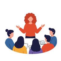 Group discussion featuring a speaker presenting ideas in colorful flat art vector