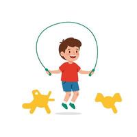 Happy child playing with jump rope in colorful flat art vector