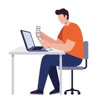 Person sitting at a desk using a laptop with receipts in hand flat art vector