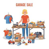 Woman organizing a garage sale in flat art style with colorful items and boxes vector
