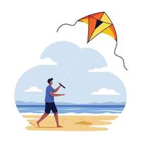 Person flying a colorful kite on the beach in flat art vector