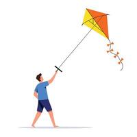 Boy flying a colorful kite in a flat design style art vector