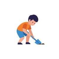 Young boy digging in the ground with a shovel in flat art style vector