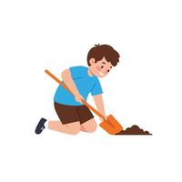 Child digging in the ground with a shovel in flat art style vector