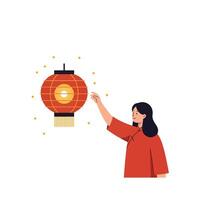 Woman interacting with a glowing lantern in a minimal and colorful illustration vector