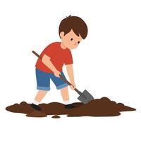 Child digging in soil with shovel in flat and colorful art vector