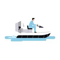 Person operating a boat on water in flat art style, showcasing dynamic movement in illustration vector