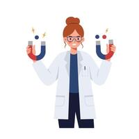 Scientist holding magnets in flat design style art vector