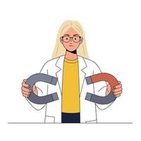 Scientist holding a magnet in flat illustration style showcasing attraction and scientific concepts in art vector