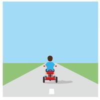 Child riding red tricycle down empty road in flat art vector