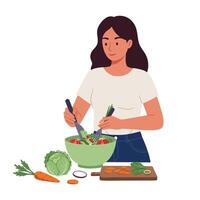 Woman preparing fresh salad with vegetables in flat art vector