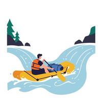 Rafting adventure with paddle in flowing river flat art vector