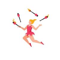 Juggler performing with flaming torches in a dynamic pose flat art vector